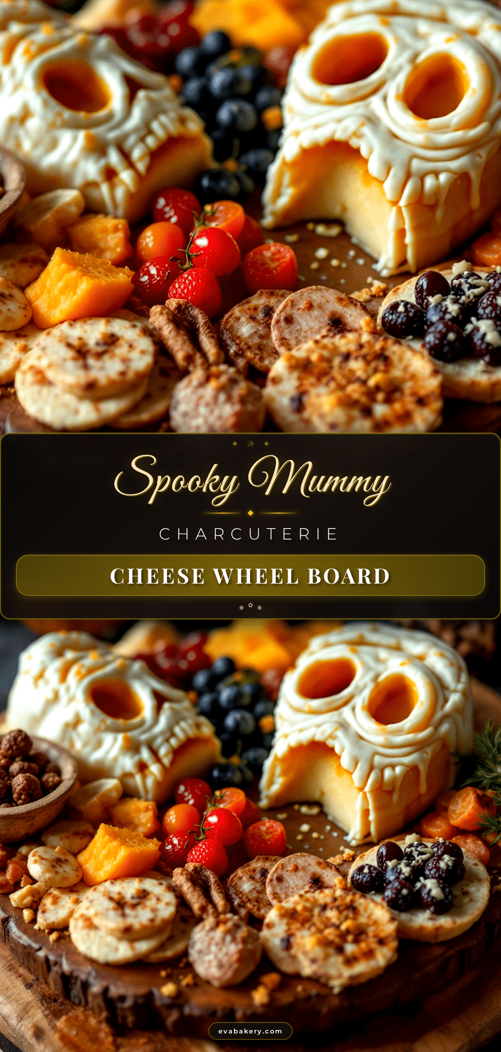 spooky charcuterie board with mummy cheese wheel recipe